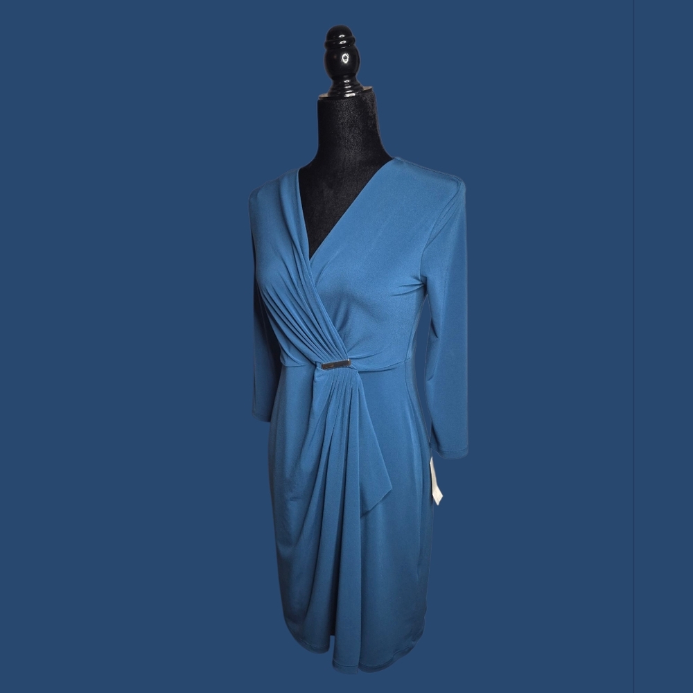 Charter Club Petite Elegant Bluegreen Hardware Faux Wrap Dress, Size PS